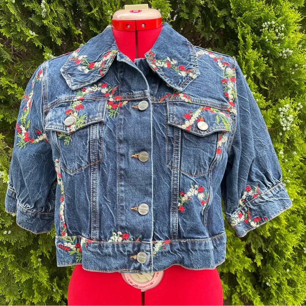 Ganni Embroidered Cropped Denim Jacket